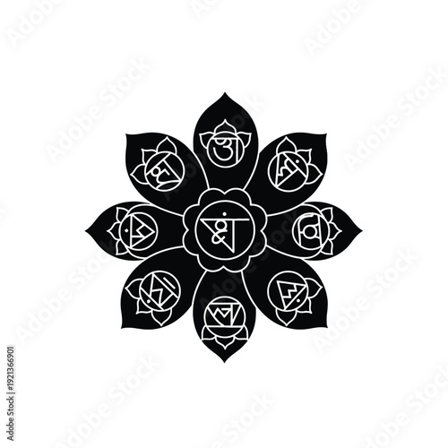 Chakra symbols in a flower pattern for spiritual and wellness designs