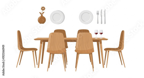 Dining Table with Chairs and Tableware.