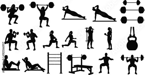 Fitness silhouettes gym workout exercises equipment training illustration design flat vector