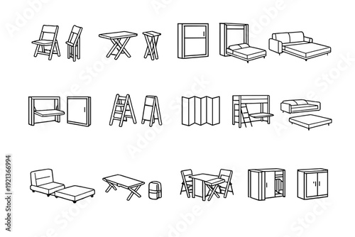 Transformable multifunctional furniture and space saving solutions line icon set