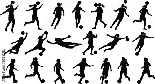 Female soccer silhouettes running kicking dribbling heading goalkeeping flat vector