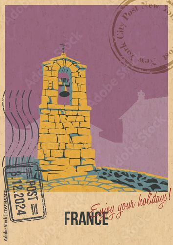 France Bell Tower Attraction Postcard, Medieval Church Popular Place Illustration, Vector Template Retro Style Greeting Card. Vintage Colors, Aged Paper Texture
