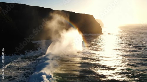Waves collide with cliffs, generating mist and a rainbow under the sunset, showcasing the beauty of the ocean and rocky coastline