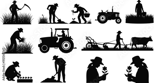 Farmers silhouettes agriculture activities tractor plowing harvesting planting illustration flat vector