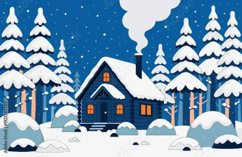 Cozy log cabin in winter wonderland forest snow covered trees gentle chimney smoke warm glowing windows peaceful snowy landscape serene holiday atmosphere