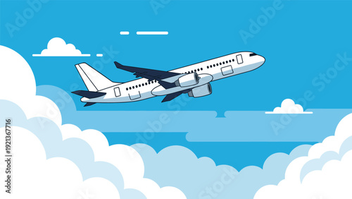 Airplane flying in the blue sky above white clouds for travel aviation transportation and holiday vacation themes.