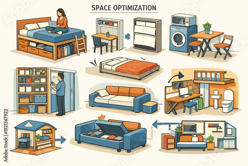 Space saving furniture and small apartment optimization isometric set