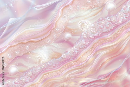 Skin cross section with glowing pink layer and pearls, led light therapy skincare concept