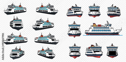 A comprehensive set of ferry boat illustrations from various isometric and orthographic angles.