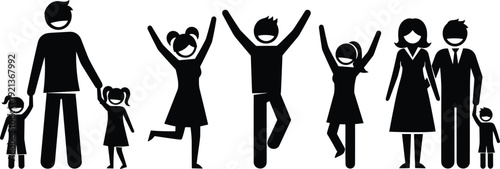 Family silhouette joyful children parents happiness unity flat vector