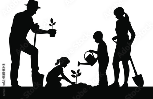 Family gardening teamwork silhouette, planting watering nurturing environment care outdoor flat vector