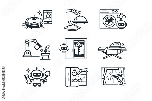 Smart home robotics and automation line icons set with cleaning robot, kitchen and home assistant