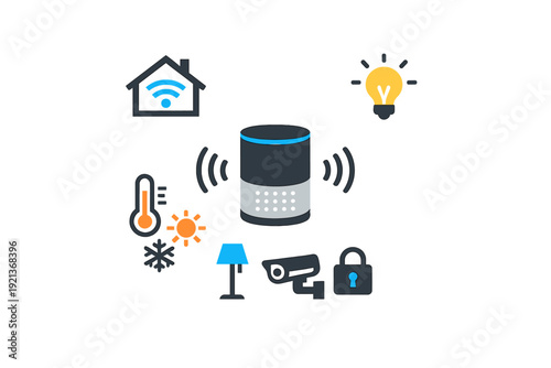 Smart home voice assistant controlling lighting, climate and security IoT devices illustration