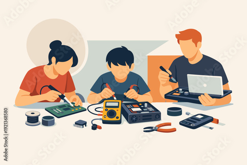 Family electronics repair and STEM learning at home, parents teaching child DIY tech skills