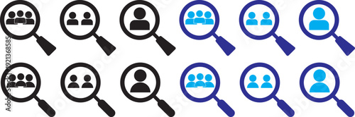 hiring icon set. Search job icon. vacancy sign. search people. Person avatar. Search profile icon. Magnifier with user avatar for identity look and candidate analysis vector illustration. Hiring and 