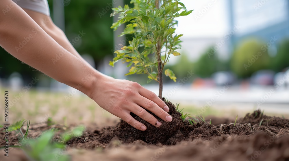 Fototapeta premium Man planting a young tree in soil during a sunny day outdoors 