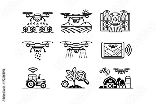 Agricultural drone and smart farming line icons set with crop spraying, monitoring and agri tech symbols