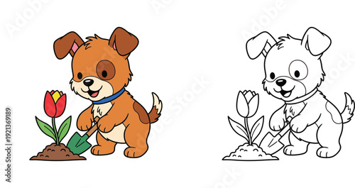 Cute Cartoon Puppy Looking Up at a Star - Simple Vector Illustration