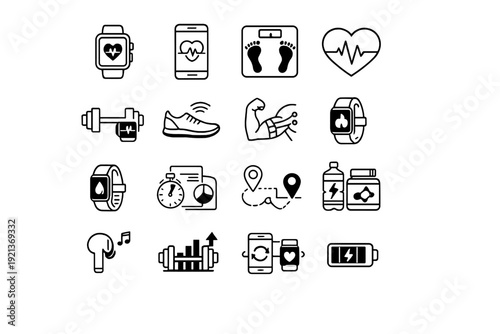 Health and fitness tracking line icons set with smartwatch, heart rate, steps and workout symbols