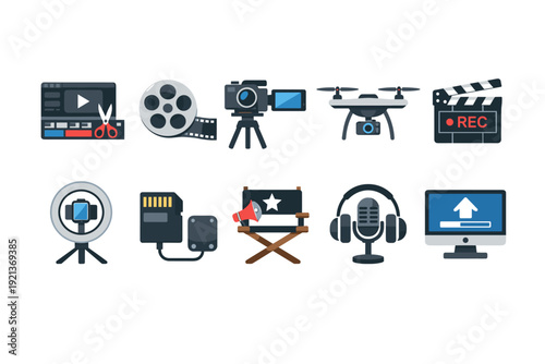 Video production and filmmaking icons set with camera, drone, microphone and recording symbols