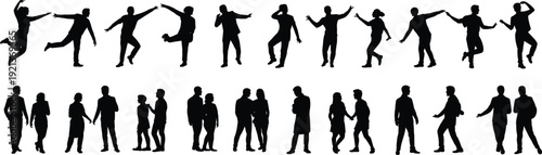 Active people silhouettes dancing walking gesturing social interaction poses isolated on white background lifestyle movement communication concept design set collection modern illustration