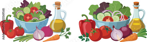 Fresh vegetable salad bowl with tomatoes cucumbers onions carrots olive oil dressing, Mediterranean healthy vegetarian vegan organic farm to table