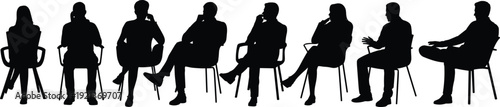 Silhouettes of business people sitting on chairs in discussion isolated on white background meeting concept