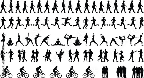 Active people silhouettes set showing walking running yoga dancing cycling groups isolated on white background vector illustration lifestyle fitness motion concept