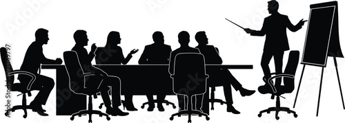 Business meeting silhouettes with team discussion presentation at conference table leadership training strategy briefing isolated black vector illustration corporate office teamwork concept