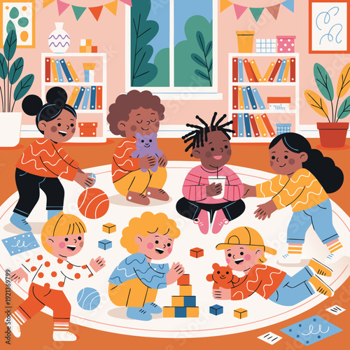 Diverse group of young children enjoying playtime together in a bright and colorful classroom setting, filled with toys, books, and plants, promoting early childhood education and social interaction