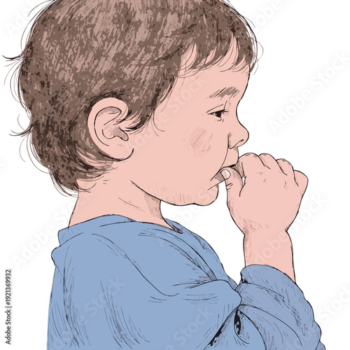 little child sucking thumb, toddler self soothing habit, early childhood behavior concept, kid close up profile illustration