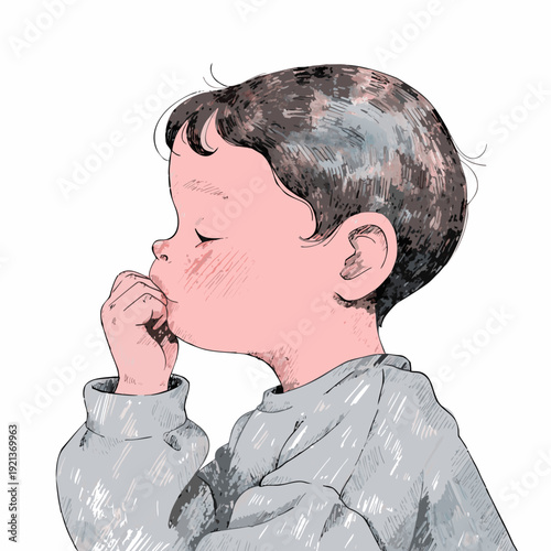 Young boy profile sketch, pensive child portrait, closed eyes contemplative pose, youthful face side view, artistic boy character doodle