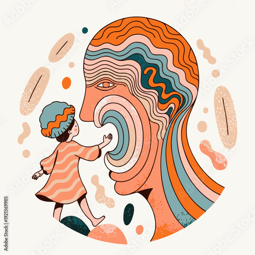 Abstract paternal face profile, generational connection concept, stylized child interaction, artistic lineage portrait, creative wavy pattern art