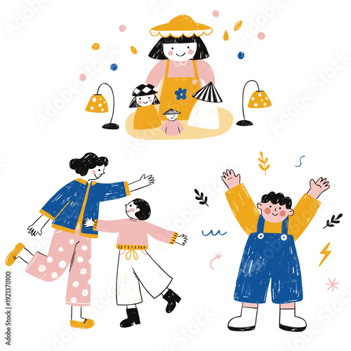 Doodle family characters, mother with children illustration, happy boy in blue overalls, whimsical parenthood sketches, joyful childhood moments, hand-drawn people set, playful family bonding