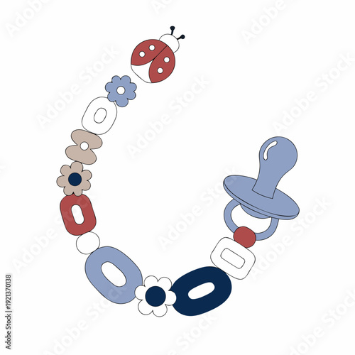 Baby pacifier clip, ladybug floral beads, infant teething chain, nursery accessory design, colorful soother holder, toddler dental toy, decorative newborn leash