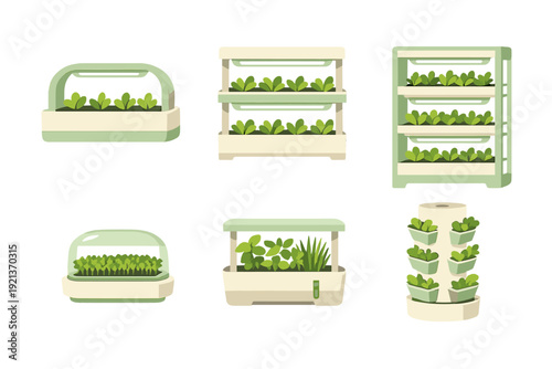 Indoor hydroponic garden systems set with vertical planters and smart grow units, home gardening collection
