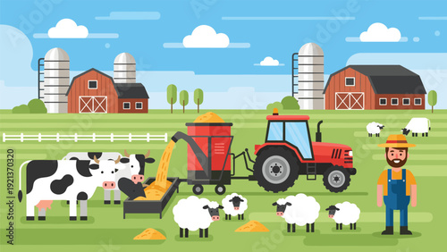 Colorful farm scene with tractor feeding cows, sheep nearby, farmer in overalls, barns and silos for agriculture, livestock care, and rural lifestyle themes