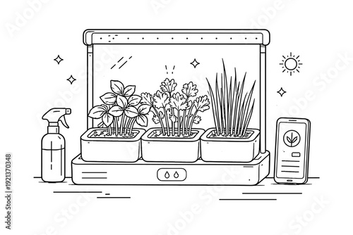 Smart indoor herb garden with grow light and app control on windowsill, line art illustration