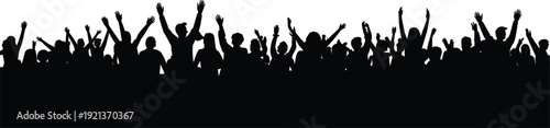 Cheering crowd silhouettes with raised hands celebrating concert festival success unity excitement isolated on white background large audience concept people event energy celebration
