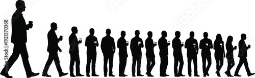 Coffee queue silhouettes business casual morning routine illustration design flat vector