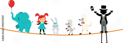 Circus tightrope performance elephant rabbit poodle ringmaster fun flat vector