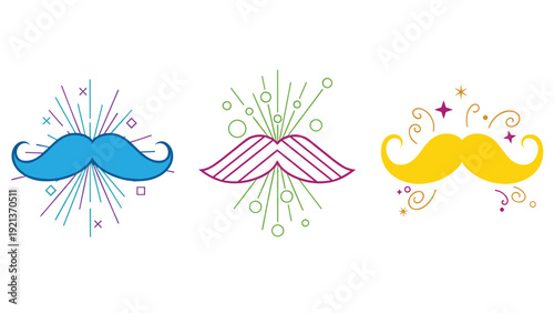 Collection of three stylish mustache icons in blue purple and yellow decorated with festive lines and star elements.