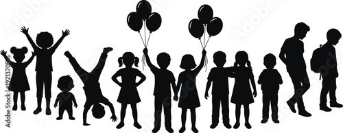Children silhouettes collection with kids standing playing holding balloons celebrating childhood moments isolated black vector illustration set for education fun concept