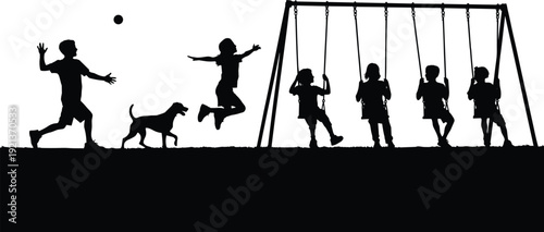 Children silhouettes playing in playground with swings dog and ball outdoor fun activity isolated on white background childhood joy concept illustration design