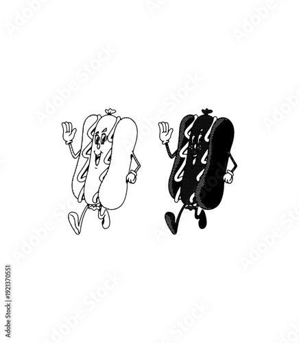The image displays two black and white illustrations of a cartoon hot dog character. 
