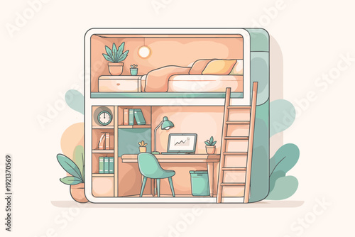 Compact loft bedroom and workspace in small apartment, multifunctional interior illustration