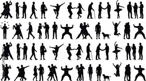 Collection of human silhouettes showing diverse people activities, social interactions, dancing, walking, talking, business meetings, lifestyle poses isolated on white background vector