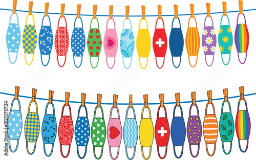 Colorful face masks hanging on clothesline with medical and decorative patterns isolated on white background vector illustration set pandemic health safety collection