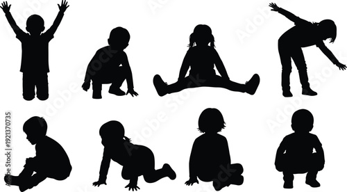 Children silhouettes sitting standing crawling playful activity illustration design flat vectorChildren silhouettes sitting standing crawling playful activity illustration design flat vector