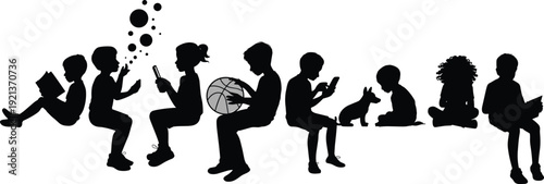 Children silhouettes reading, playing, smartphone use, basketball, pet interaction flat vector